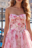 Pink Corset A Line Strapless Floral Homecoming Dress With Bow