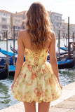 Pink Corset A Line Strapless Floral Homecoming Dress With Bow