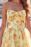 Pink Corset A Line Strapless Floral Homecoming Dress With Bow