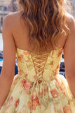 Pink Corset A Line Strapless Floral Homecoming Dress With Bow