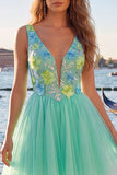 V-Neck Floral Sparkly Yellow A Line Homecoming Dress