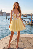 V-Neck Floral Sparkly Yellow A Line Homecoming Dress