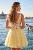 V-Neck Floral Sparkly Yellow A Line Homecoming Dress