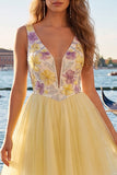V-Neck Floral Sparkly Yellow A Line Homecoming Dress