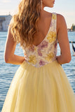 V-Neck Floral Sparkly Yellow A Line Homecoming Dress