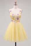 V-Neck Floral Sparkly Yellow A Line Homecoming Dress