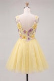 V-Neck Floral Sparkly Yellow A Line Homecoming Dress
