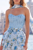 Strapless Corset Pink Floral A Line Homecoming Dress With Scarf