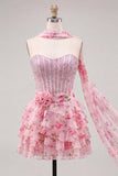 Strapless Corset Pink Floral A Line Homecoming Dress With Scarf