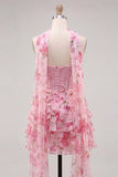 Strapless Corset Pink Floral A Line Homecoming Dress With Scarf