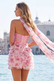 Strapless Corset Yellow Floral A Line Homecoming Dress With Scarf