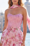 Strapless Corset Pink Floral A Line Homecoming Dress With Scarf