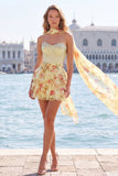 Strapless Corset Pink Floral A Line Homecoming Dress With Scarf