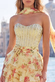Strapless Corset Pink Floral A Line Homecoming Dress With Scarf