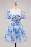 Blue Print Corset A Line Square Neck Homecoming Dress With Puff Sleeves