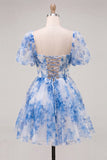 Blue Print Corset A Line Square Neck Homecoming Dress With Puff Sleeves