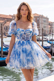 Dusty Sage Print Corset A Line Square Neck Homecoming Dress With Puff Sleeves