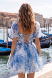 Blue Print Corset A Line Square Neck Homecoming Dress With Puff Sleeves