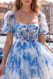 Blue Print Corset A Line Square Neck Homecoming Dress With Puff Sleeves