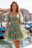 Dusty Sage Print Corset A Line Square Neck Homecoming Dress With Puff Sleeves