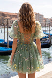 Blue Print Corset A Line Square Neck Homecoming Dress With Puff Sleeves