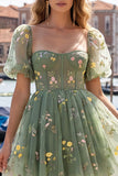 Blue Print Corset A Line Square Neck Homecoming Dress With Puff Sleeves