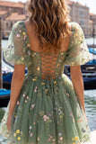 Blue Print Corset A Line Square Neck Homecoming Dress With Puff Sleeves