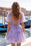 Blue Print Corset A Line Square Neck Homecoming Dress With Puff Sleeves