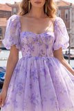 Blue Print Corset A Line Square Neck Homecoming Dress With Puff Sleeves
