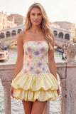 Yellow Floral Tiered Strapless A Line Homecoming Dress