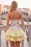 Yellow Floral Tiered Strapless A Line Homecoming Dress