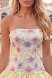 Yellow Floral Tiered Strapless A Line Homecoming Dress