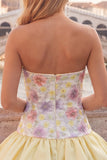 Yellow Floral Tiered Strapless A Line Homecoming Dress