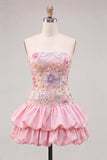 Yellow Floral Tiered Strapless A Line Homecoming Dress