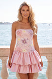 Pink Strapless Floral Tiered A Line Homecoming Dress