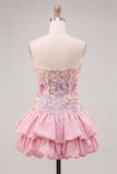 Yellow Floral Tiered Strapless A Line Homecoming Dress