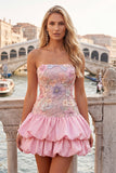 Yellow Floral Tiered Strapless A Line Homecoming Dress