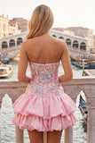 Yellow Floral Tiered Strapless A Line Homecoming Dress