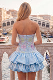 Yellow Floral Tiered Strapless A Line Homecoming Dress