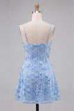 Light Blue A Line Floral Spaghetti Straps Homecoming Dress