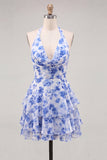 Blue Print Halter A Line Tiered Homecoming Dress