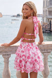 Blue Print Halter A Line Tiered Homecoming Dress