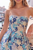 Strapless Pink Floral A Line Homecoming Dress With Bow