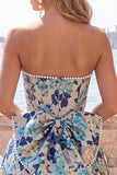 Strapless Pink Floral A Line Homecoming Dress With Bow