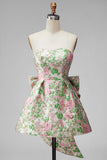 Strapless Pink Floral A Line Homecoming Dress With Bow