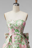 Strapless Pink Floral A Line Homecoming Dress With Bow