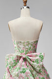 Strapless Pink Floral A Line Homecoming Dress With Bow