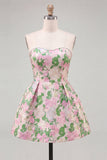 Strapless Pink Floral A Line Homecoming Dress With Bow