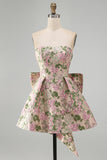 Strapless Pink Floral A Line Homecoming Dress With Bow