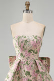 Strapless Pink Floral A Line Homecoming Dress With Bow